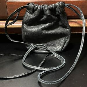 Vintage Mini Black Leather Drawstring Crossbody Bag